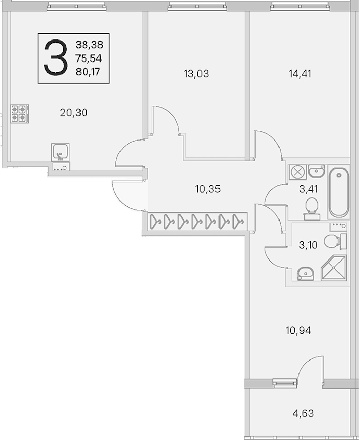 3-комнатная квартира 75.54 м², 1/4 эт., ЖК «Любоград в Стрельне»